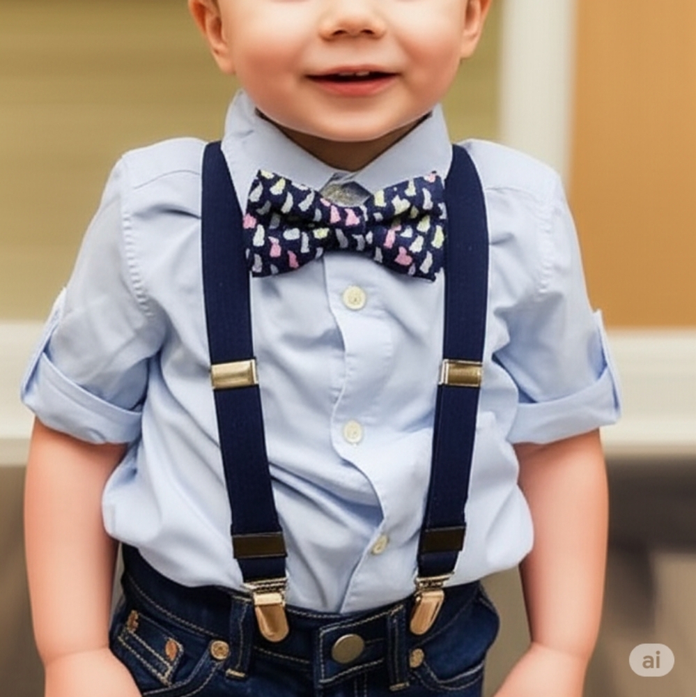 NWT American Lifestyle Boys Navy Blue Bunny Bow Tie Suspender Set